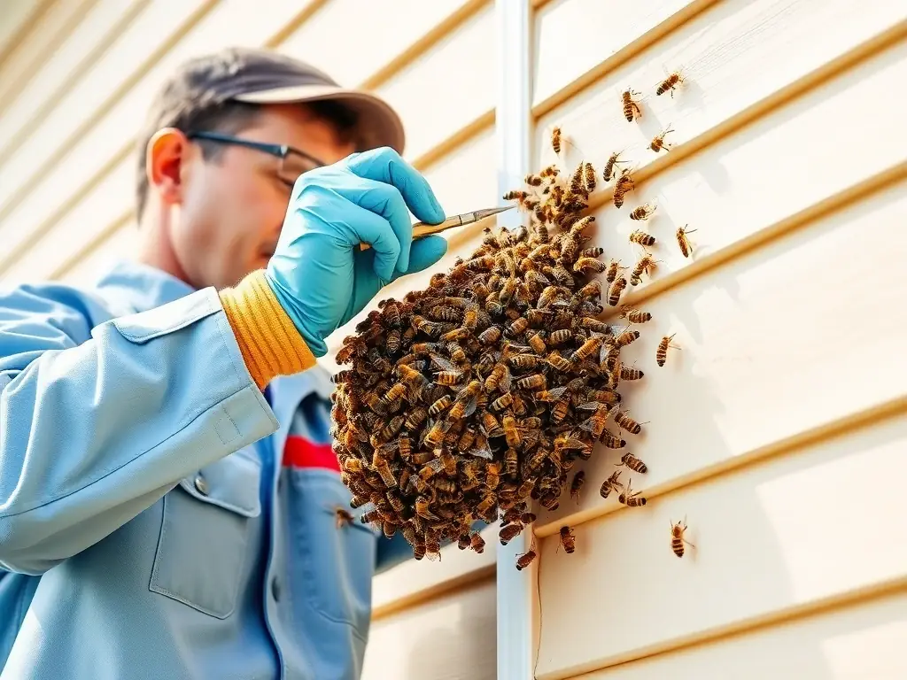 A close-up shot of a technician carefully removing a bee swarm from a residential property, emphasizing the humane and professional approach of APA Bee Removal.