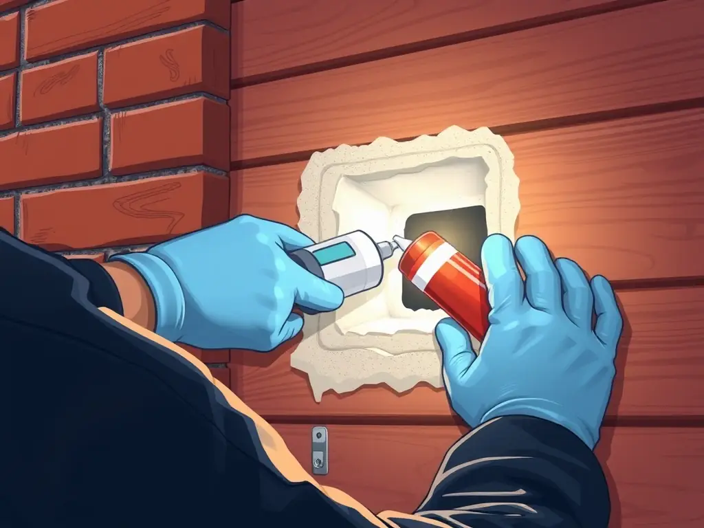 A technician sealing a small opening in a building's exterior, demonstrating the process of preventing bees from re-entering after hive removal.