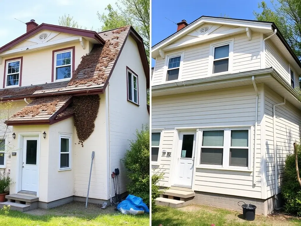 A before-and-after photo showing a property with bee infestation and the same property after APA Bee Removal's structural repair and cleanup services.