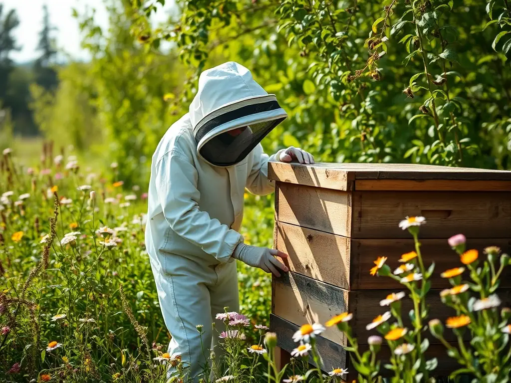 A beekeeper gently relocating a swarm of bees from a tree branch to a new hive, emphasizing the humane approach to bee removal.