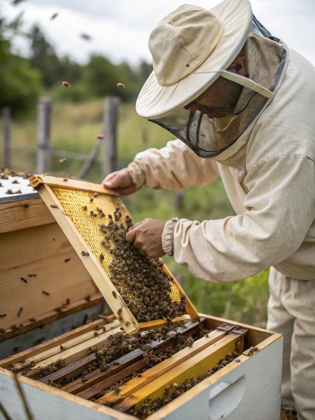 A photo of a bee swarm being carefully collected into a specialized container, highlighting APA BEE REMOVAL's safe and humane swarm removal techniques.