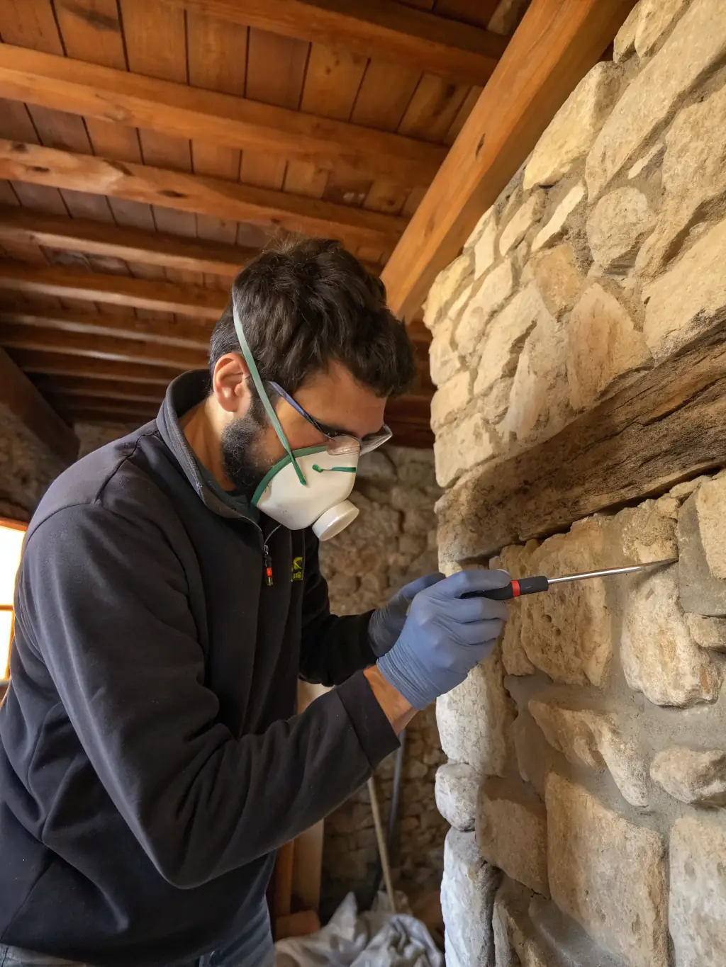 A close-up shot of a technician carefully removing honeycomb from a wall cavity, showcasing the precision and care involved in structural hive removal by APA BEE REMOVAL.