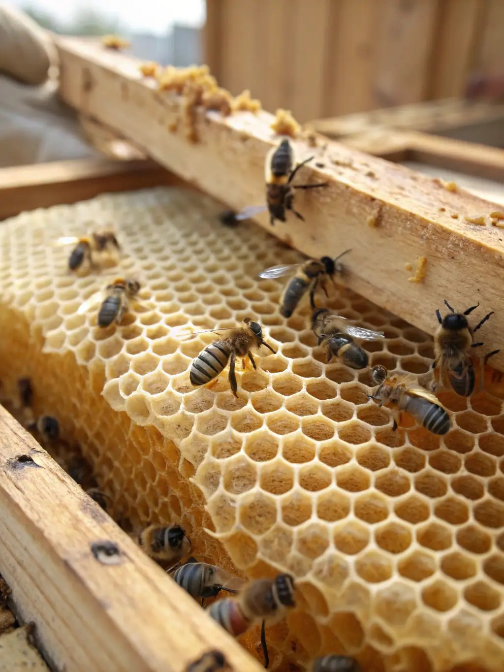 A detailed close-up shot of a technician carefully removing honeycomb from inside a wall cavity during a structural hive removal, showcasing the precision and care taken by APA BEE REMOVAL.